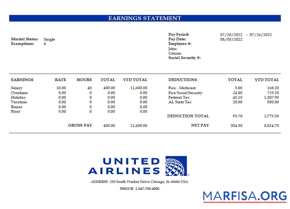 Printable USA United Airlines Holdings airlines company pay stub template